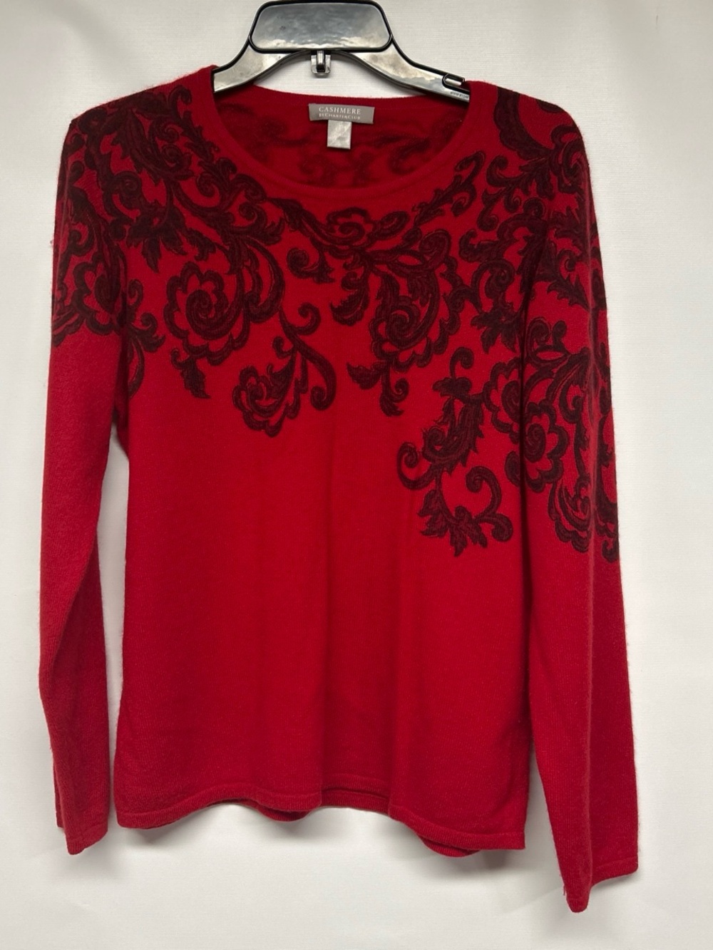 Charter Club Red Crewneck Sweater with Black Floral Scroll